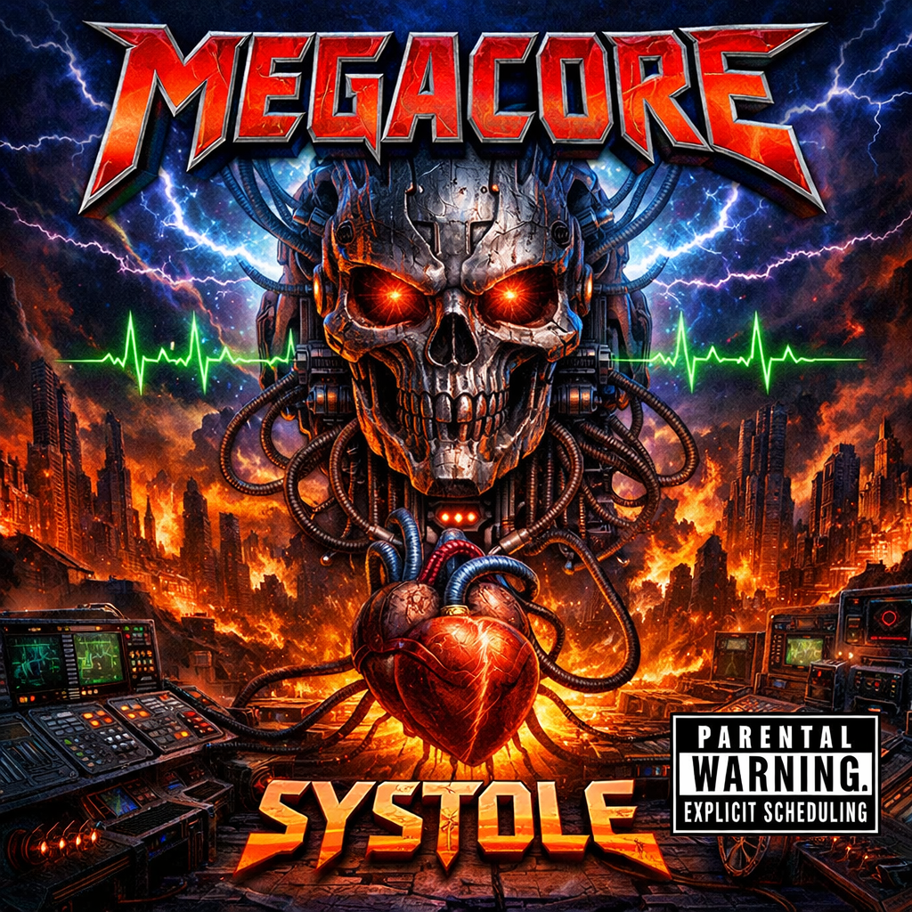 Megacore - Systole as a 80s metal album cover.